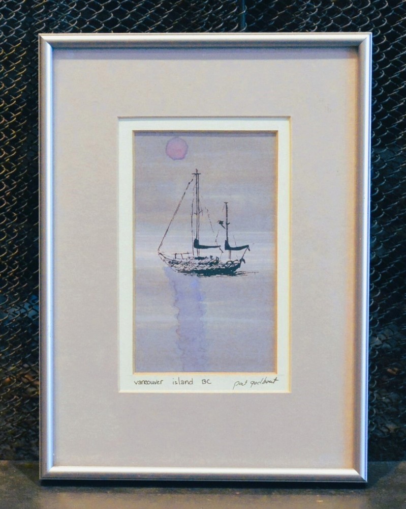 Pat Godbout – Watercolor Painting Vancouver Island BC Sailing Ship at Sea Sunset