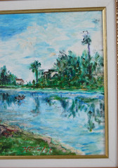 Original Hecto Vidal Oil Painting Reading By The Lake Cuban Country Scene 14×11