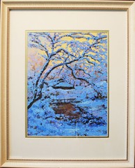 Evening winter scene. Original framed under glass oil on paper 11″x14″ painting.