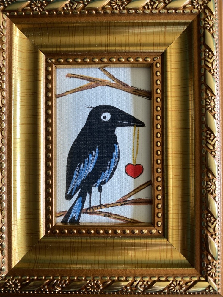 Print Whimsical Magpie Love Heart Valentine Day Painting framed,gold,miniature