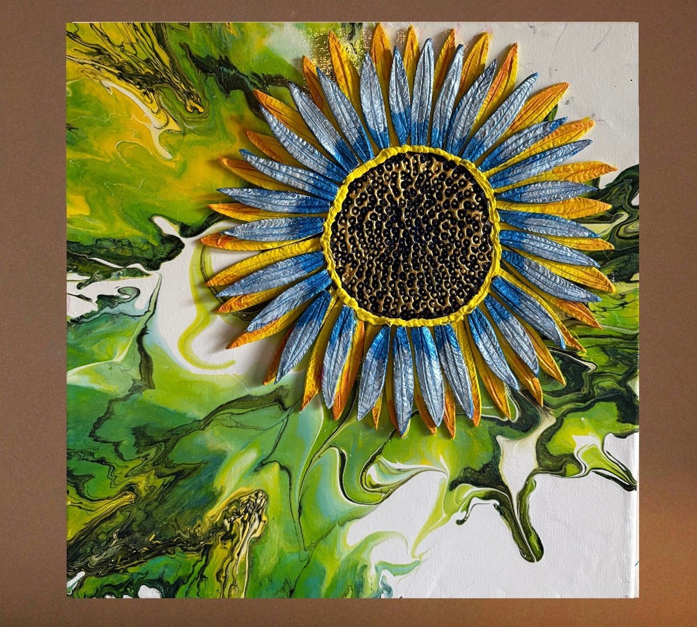 Sculpted Sunflower Painting/Blue And Yellow Flower Art/12 X 12