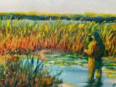 Original Oil Painting Fisherman in Marsh Wetland Landscape 12×16 Andy Semberecki