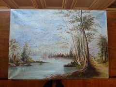 Antique 19th C Landscape with Lake Boat Country Lane with Figure Trees 17 X 24″