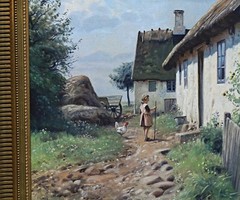 Niels Walseth Village Street Farm Landscape Oil Painting Signed Framed