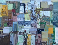 MID CENTURY PAINTING CUBIST ABSTRACT CITYSCAPE URBAN MODERNISM CUBISM WPA STYLE