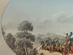 ANTIQUE 1853 ORIGINAL WATERCOLOUR PAINTING BY B FENNING STAGECOACH WITH HORSES.