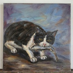 Original Oil Painting Pet Portrait 8×8 Inches, Cute Tuxedo Cat With Fish