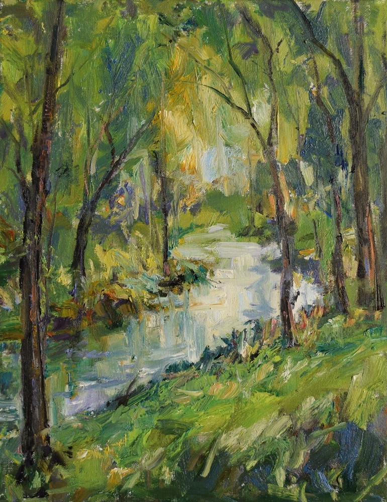 Art Original Oil Painting by RM Mortensen „Broken Sunlight“ Forest Stream River
