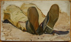 Ukrainian Soviet Oil Painting impressionism soldier military boots WW2 sketch