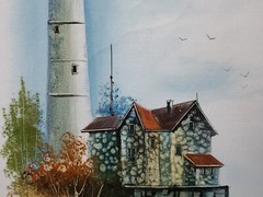 Original Light House Oil painting Canvas Ocean Waves Seagulls Signed framed 29″