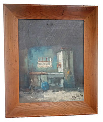 Signed Oil Painting Still Life Rustic Dry Sink Folk Art Farmhouse 21×25″ Framed