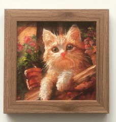 Original Oil Painting in wooden Frame Curious Kitten miniature 4х4 in Signed