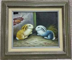 Giclée PAINTING Bunnies farm yellow blue signed gift matted framed