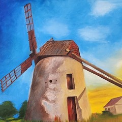 Finished Paint By Number Windmill Sunset Oil Painting Dutch Landscape Framed PBN