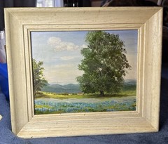 ￼ Unknown Artist Texas Bluebonnets Painting On bored Rustic Wood Frame 1940s