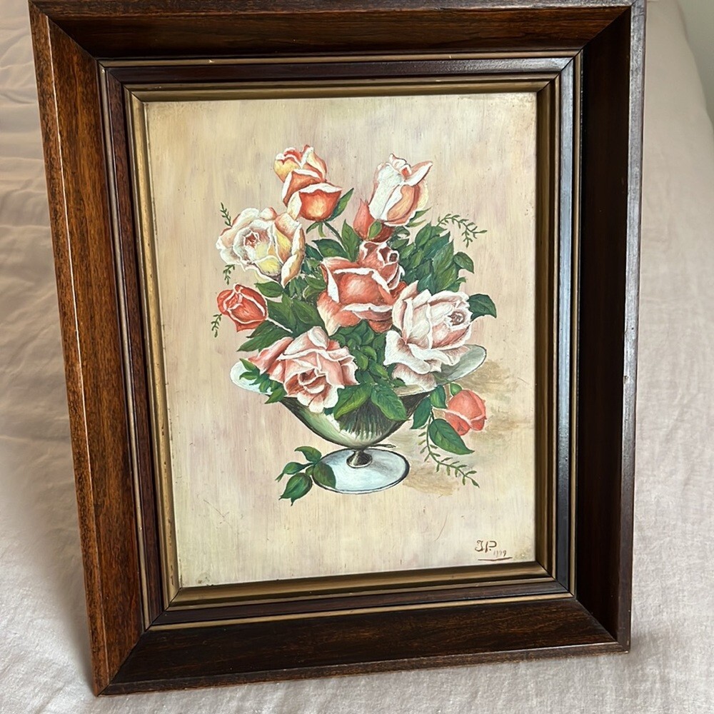 Oil Painting Bouquet of Roses in Wooden Frame Vintage Signed 1947
