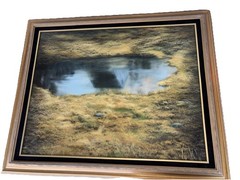 Vintage acrylic signed Nadine Swanson reflection House pond 33 x 27