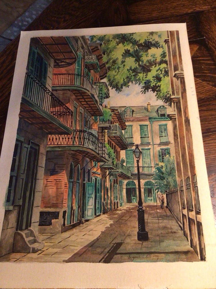 Vintage 40’s New Orleans Artist EUGENE E. LOVING watercolor PAINTING “Townhouses