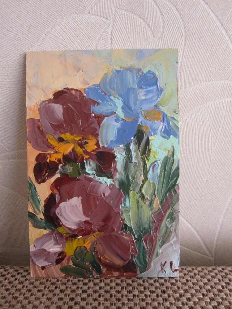 irises original oil painting, bouquet irises small painting, flowers wall art