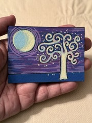 ACEO Acrylic Painting Purple Sunset Tree Moon Landscape Original Pop Art edenart