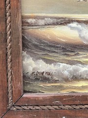 Antique Oil Seascape Painting Signed C. Rownay in Rustic Rope Wood Frame 12.5×10