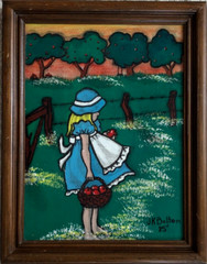 Vintage Original Oil On Canvas Folk Art Painting Girl with a Basket Signed