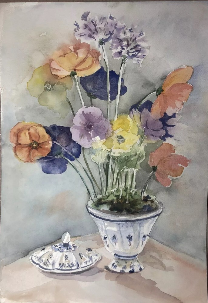 ORIGINAL Art WATERCOLOR painting FLOWERS Joan Perry (1928-2019) 20” X 14 1/8”