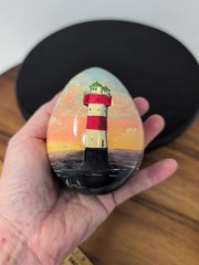 Hand Painted Seascape Ship Lighthouse Nautical Wooden Egg 3.5″h L Signed