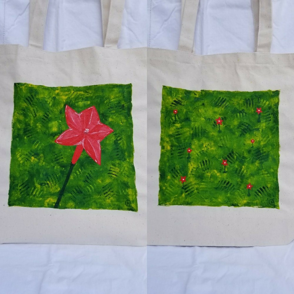 acrylic hand painted med/large canvas tote, original designs, red star vine