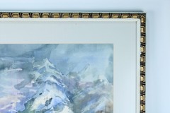 Large Winter Scene Church Mountains Watercolor Painting Signed Illegible 97