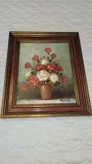 Francoise Red & White Roses Still Life Vtg Oil Painting On Canvas 13″ Wood Frame