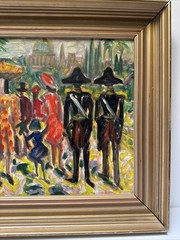MID CENTURY PAINTING SOLDIERS PEOPLE PARK STATUE ARCHITECTURE MODERNIST FAMOUS
