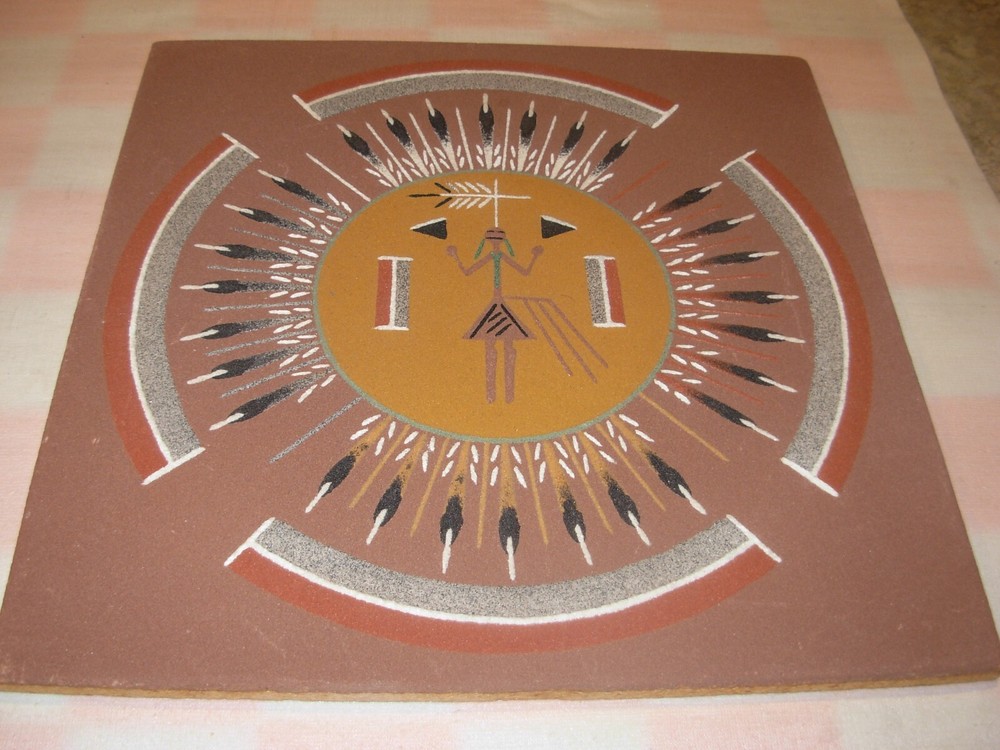 Original Art, Native American Signed Artist Mixed medium platform 12x12x1/4 wood