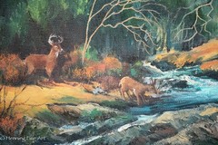 Vintage Fall Landscape Oil Painting Hal Sautter Mountain River Waterfalls 31×39″