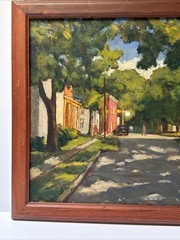 ANTIQUE WPA REGIONALISM PAINTING LANDSCAPE OLD CARS 1940’S LISTED NEW YORK OIL