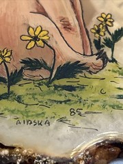 Vintage Signed Hand Painted Pig And Butterfly On Slice Of Agate Stone 1985