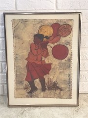 Dillon Sutton Signed 1985 Framed Batik Art Navajo Girl With Balloons Vintage