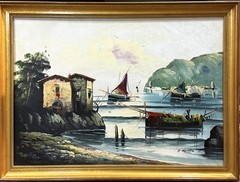 VTG Mid-20th C Italian School Impression. Mediterranean Coastal Scene O/C Signed