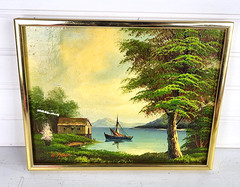 Lake House Fishing Boat Landscape Oil Painting Art by W. Morris Signed 10″ x 8″