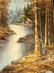VTG G Whitman Trees Landscape Cabin Lake River Mountains Canvas 13.75”W 25.75”T