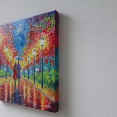 Small Oil Painting on Canvas Autumn Park Couple Umbrella Vibrant Colors Wall Art