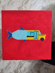Original oil painting.Fish Bus