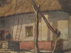 19thC. Illegibly Signed European Woman At Well W/ Chickens Landscape Painting