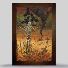 Original Fine Art Watercolor Ink Skeleton Scarecrow Tornado Farm Framed 11×17