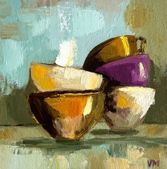 Original Oil Still Life Painting Cups Golden Vintage Abstract Modern Kitchen art