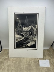 ORIGINAL Signed And Dated by Artist Scratchboard Art – Winter Scene 11×16”