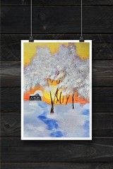 Original Forest Sunset Watercolor Painting Winter Landscape Christmas Wall Art