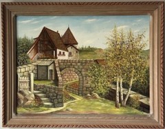 SAMUEL BARA ANTIQUE EUROPEAN LANDSCAPE OIL PAINTING OLD VINTAGE COTTAGE HOUSE 61