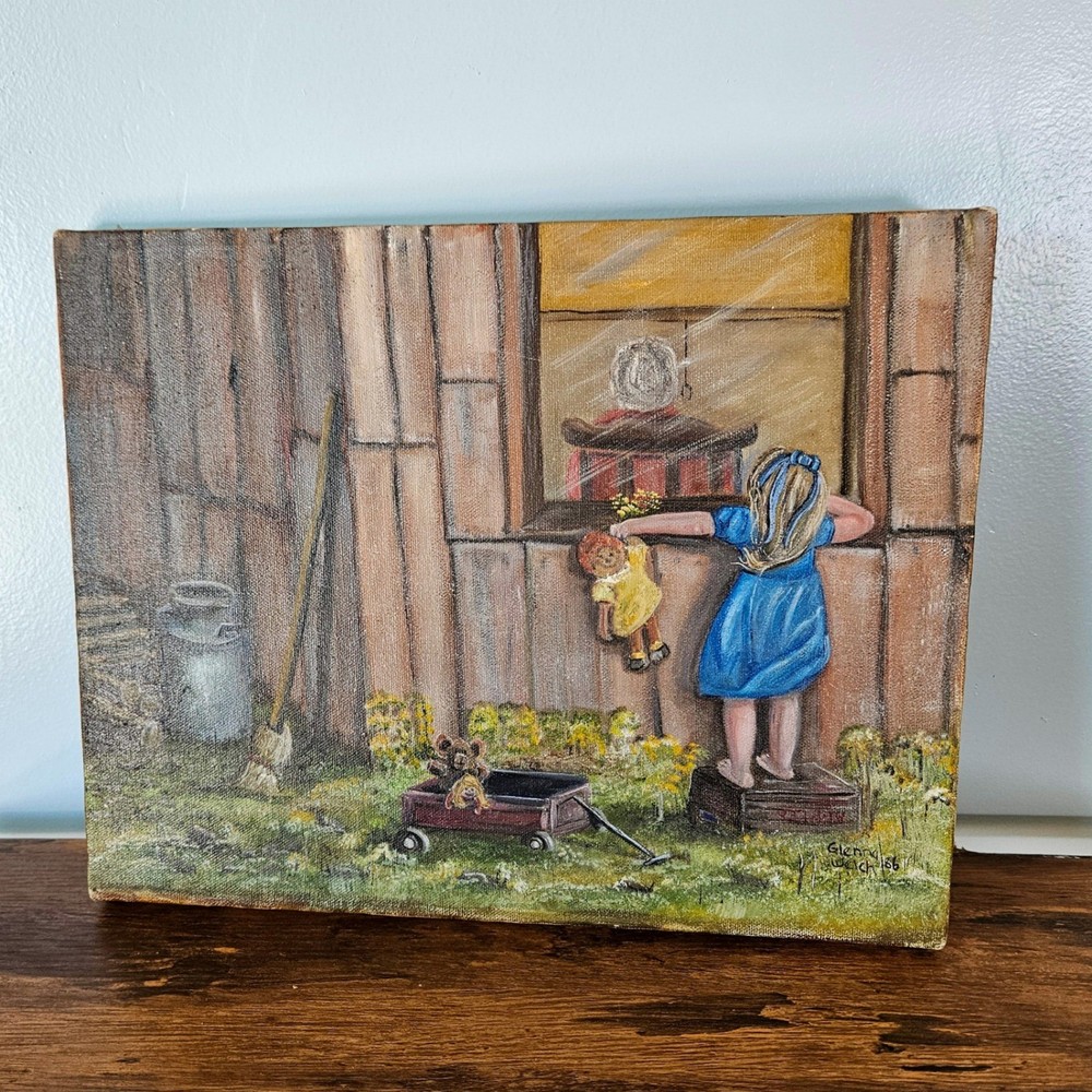 Glenna Welch Vtg 1986 Signed Oil Painting Girl with Doll Wagon 11×14 Folk Art