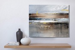 Original medium Abstract Hand painted Canvas warm beige grey bronz blue gold